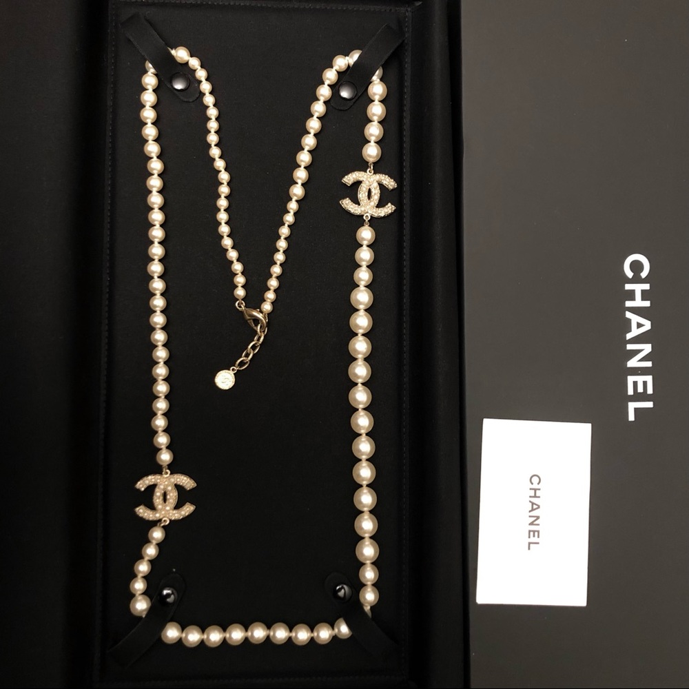 Authentic Chanel Long Pearl Necklace with two CC, 100th Anniversary Edition